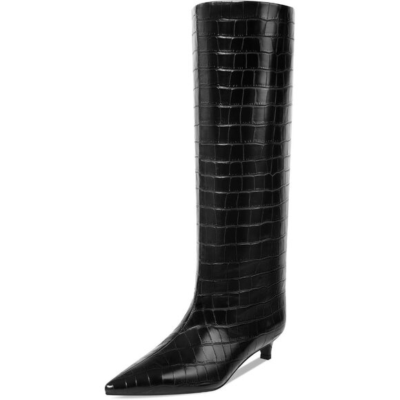 ⚡Women's Black Crocodile Knee High Boots 1.5-in Stiletto Low Heel Pointed Toe - Picture 1 of 8